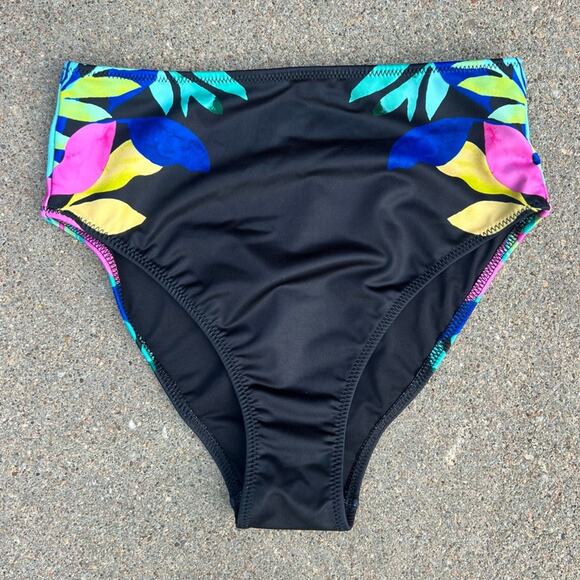 Victoria’ Secret PINK High Waist Swim Bikini Bottom Neon Tropical Leaves Black M - Picture 1 of 5